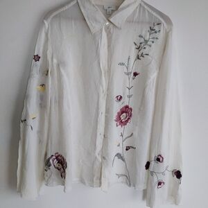 J Jill Floral Embroidered Button Up Collared Cream Top Easter Brunch Boho Church